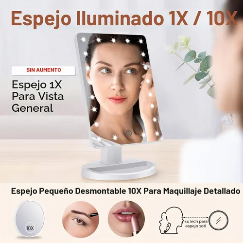 Vista 2 de COSMIRROR Espejo de tocador de maquillaje iluminado con espejo de aumento de 10X, espejo iluminado con 21 luces LED con atenuación de sensor táctil