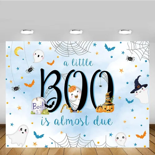 Vista 5 de MEHOFOND Telón de fondo de Halloween de 7 x 5 pies para baby shower con texto en inglés "A Little Boo is Almost Due Blue Water" para niño