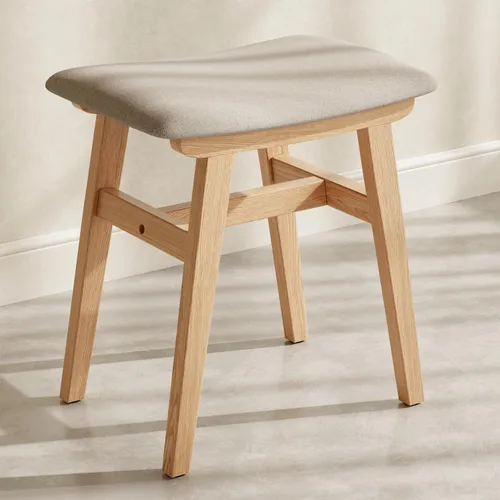 Vista 16 de Taburete de tocador pequeño de madera maciza, silla de maquillaje compacta con cojín de sillín, asiento de esponja de alto rebote cubierto de lino