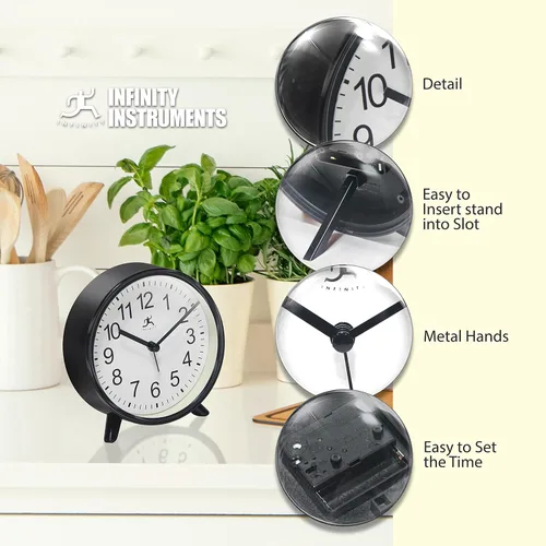 Vista 6 de Infinity Instruments - Reloj despertador de plástico de 5.75 pulgadas con movimiento de cuarzo para mantener la hora precisa, color negro Movement
