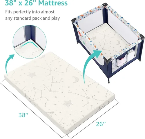 Vista 2 de YENING Colchón de bambú Pack and Play, transpirable, 38 x 26 pulgadas, impermeable, colchón de bebé para Pack N Play, cubrecolchón impermeable