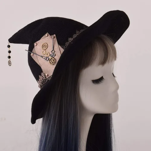 Vista 3 de GRACEART Sombrero de bruja de lana de fieltro con engranajes para mujer, gorro de mago de Halloween, gorro de Mardi Gras