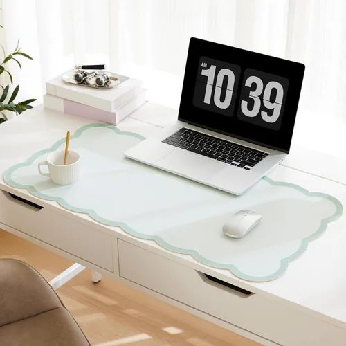Vista 11 de Ohocut Alfombrilla de escritorio festoneada, piel sintética, rectangular para escritorio de oficina (beige, 23.6 x 13.7 pulgadas)