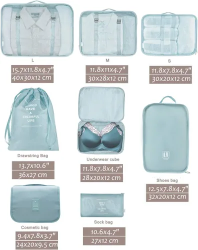 Vista 4 de Belsmi Juego de 8 cubos de embalaje con bolsa de zapatos, organizador de equipaje de viaje, Embalaje