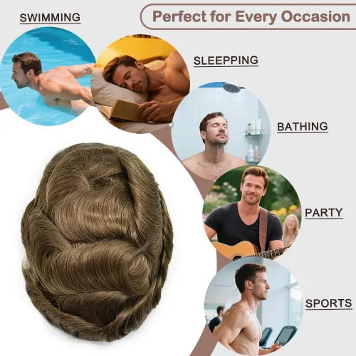 Vista 437 de Toupee para hombre 100% cabello humano real tupé para hombres 0.004 in piel de poliuretano para hombre, sistema de reemplazo de piezas de pelo