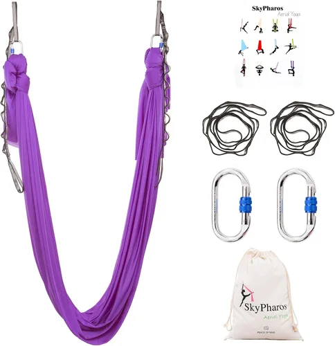 Vista 15 de Juego de columpio de yoga de seda aérea de 5.5 yardas - Kit de hamaca de yoga aérea antigravedad volador para fitness, tela de tricot de nailon