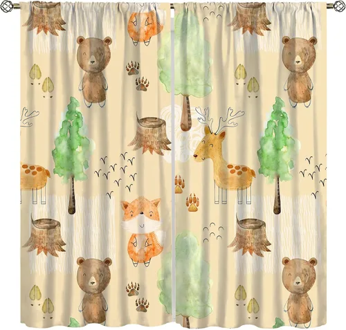 Vista 35 de YCness Cortinas para niños y niñas, diseño de animales de la selva, bosque de otoño, dibujos animados, ciervos, conejos, zorros, búhos, cortinas