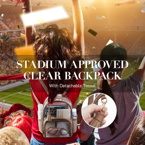 Vista 17 de Missnine Mochila transparente aprobada para estadios, mini bolsa transparente de PVC grueso con ribete de cuero para eventos deportivos, conciertos