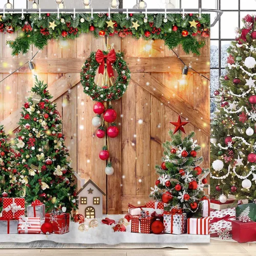 Vista 3 de Cortina de ducha de granja de Navidad para baño, decoración del hogar de árbol de Navidad de invierno, cortinas de baño de madera de puerta