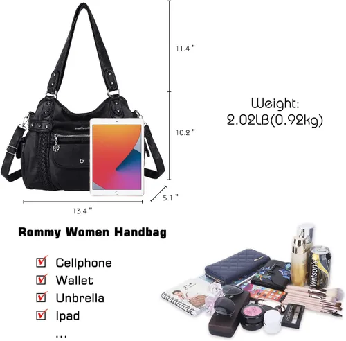 Vista 2 de Angel Barcelo - Bolsa de hombro amplia para mujer, diseño Hobo, cuero lavado