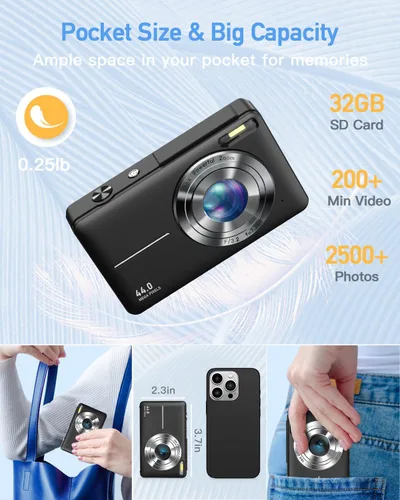 Vista 5 de Cámara digital para niños, cámara digital 1080P FHD 44MP para apuntar y disparar para fotos con tarjeta de 32 GB, zoom 16X, cámara compacta regalos