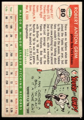 Vista 2 de 1955 Topps #80 Bob Grim New York Yankees (Baseball Card) VG+ Yankees