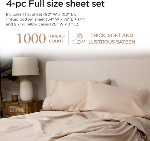 Vista 2 de Threadmill Sábanas de lujo de algodón Supima, sábanas de 100% algodón suave de 1000 hilos de lujo para cama tamaño matrimonial, juego de 4 sábanas