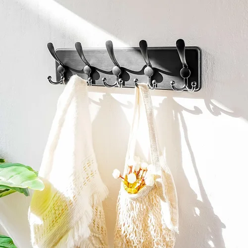 Vista 7 de Dseap Perchero de Pared Montado - 5 Ganchos Triangulares, Resistente, Perchero de Pared de Madera para Abriggos, Sombreros, Chaquetas, Ropa, Negro