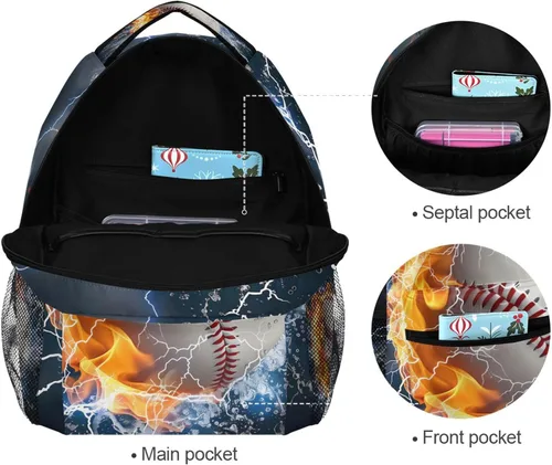 Vista 7 de Mochila para adultos, mochila escolar casual, bolsa de viaje con cremallera, Abstracción Fuego Agua Béisbol De, Mochilas Daypack
