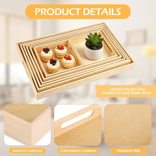 Vista 3 de Aodaer 7 bandejas de madera, bandejas de madera anidadas para servir, bandeja rectangular de madera con asas para cocina, fiesta, cena, aperitivos
