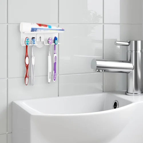 Vista 6 de Linkidea Soporte para cepillos de dientes de pared con 4 ranuras para baño, plástico autoadhesivo montado en la pared compatible con Colgate Extra