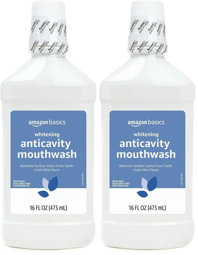 Vista 6 de Amazon Basics Enjuague bucal anticaries blanqueador, sabor menta fresca, blanquea los dientes, previene caries, 16 onzas líquidas, 1 paquete
