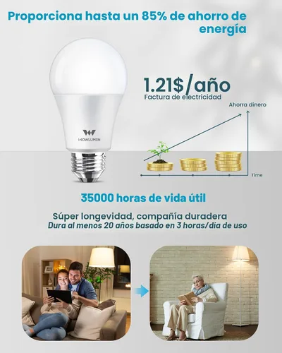 Vista 4 de Bombilla LED A19, bombillas E26 de 9 W (equivalente a 60 vatios), blanco frío de 5000 K, base estándar de 800 lm para cocina, sala de estar
