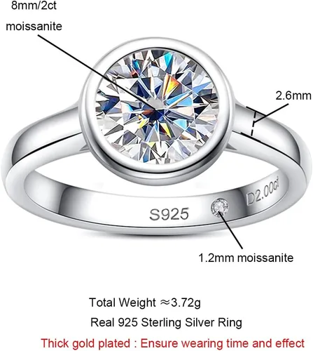 Vista 5 de Raivari Anillos de compromiso de moissanita, anillos de compromiso solitario redondos de 123 quilates con bisel de 123 quilates en plata de ley