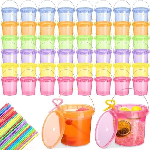 Vista 15 de Funnymoom Paquete de 36 cubos de plástico para ron para bebidas con pajita, cubeta de cóctel para helado, con tapas y asas, recipientes de alimentos