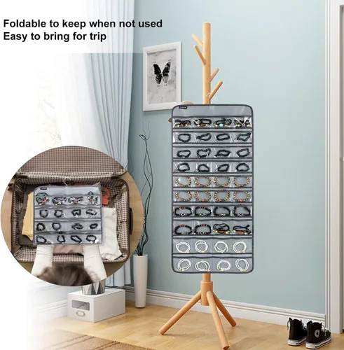 Vista 6 de Organizador de joyas colgante de 80 bolsillos para guardar joyas, soporte de exhibición de accesorios de doble cara para aretes, pulseras y anillos
