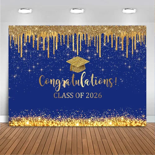Vista 13 de Mocsicka Fondo de graduación de 7 x 5 pies 2026, decoraciones de graduación negro y dorado, pancarta de felicitaciones de graduación 2026, fondo