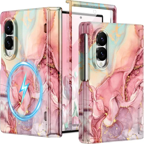 Vista 32 de Btscase Funda para Samsung Galaxy Z Fold 5, protector de pantalla frontal integrado, patrón de mármol dorado con purpurina de policarbonato duro