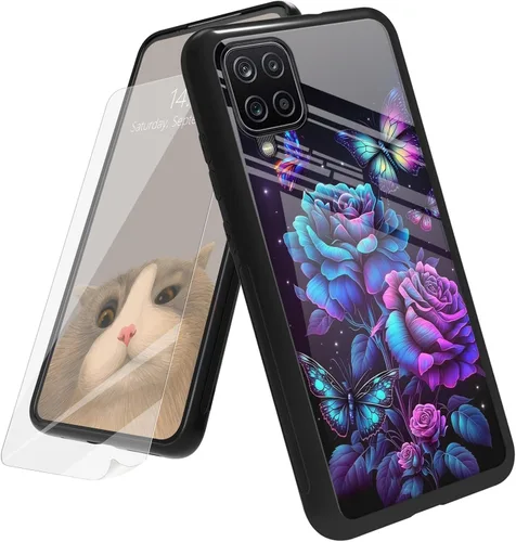 Vista 159 de Funda para Samsung Galaxy A12 5G con protector de pantalla, parte trasera de vidrio templado + TPU de silicona suave que absorbe los golpes