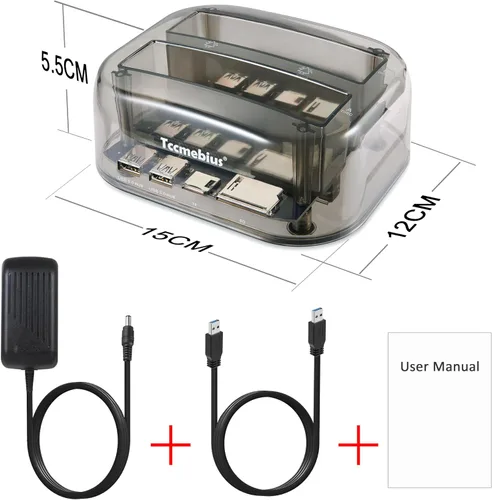 Vista 6 de TCC-S865 USB 3.0 a SATA IDE Dual Slots Externo Transparente Disco Duro Estación de Acoplamiento con Lector de Tarjetas y 2 Puertos USB 3.0 Hub