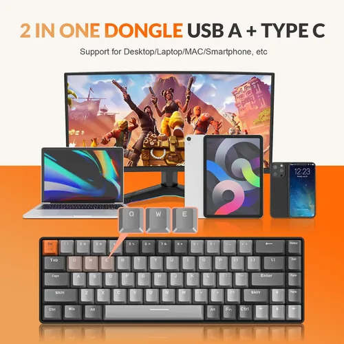 Vista 3 de MAGIC-REFINER RK68 Teclado mecánico inalámbrico 60%, Bluetooth 5.02.4GHz con receptor 2 en 1 de modo dual, teclado ergonómico compacto de 68 teclas