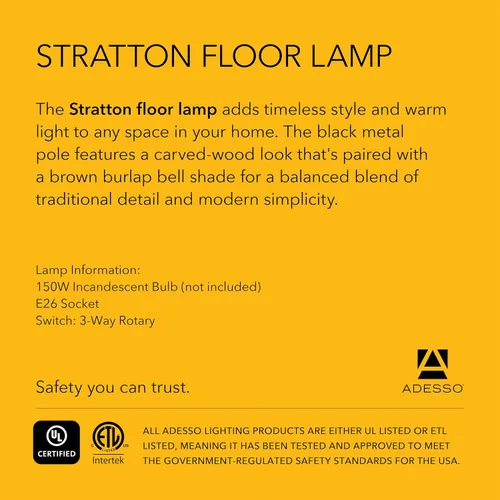 Vista 7 de Adesso 1521-01 Stratton - Lámpara de piso, 1523-01, 150watts, 120.00 volts Stratton 150W Floor Lamp with Rotary Switch for Bedroom, Living Room