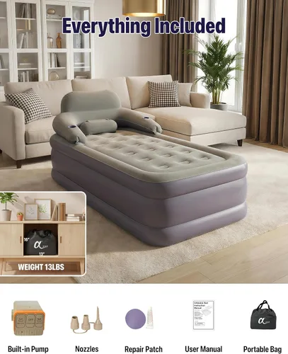 Vista 9 de A-ER-FA - Colchón de aire individual integrado de 20 pulgadas, colchón inflable elevado cómodo con cabecera y portavasos, cama de aire de inflado