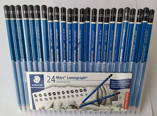 Vista 4 de Staedtler Mars Lumograph - Lápices de madera - Paquete de 24 grados en práctica caja de almacenamiento de plástico con regla de aluminio de 6" y 8