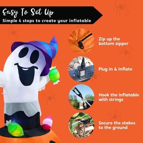 Vista 7 de Joiedomi Fantasma inflable de Halloween de 5 pies de alto para decoración al aire libre, fantasma inflable de caramelo en calabaza con luces LED