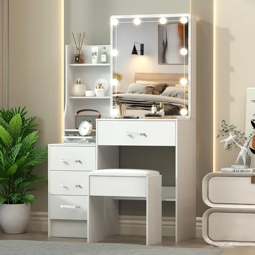 Vista 14 de Escritorio blanco cálido con espejo iluminado LED, mesa de tocador de maquillaje con armario izquierdo iluminado, 6 cajones y taburete, tocador