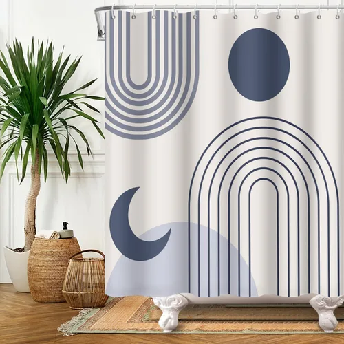 Vista 3 de Cortina de ducha moderna y bohemia, cortinas de ducha minimalistas estéticas azules de mediados de siglo para baño, cortinas de baño impermeables
