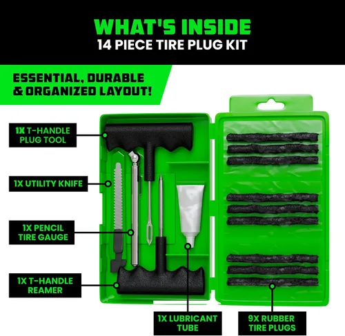 Vista 3 de Kit de reparación de neumáticos compacto Rhino USA (14 piezas) – Juego de tapones resistentes con lubricante incluido para arreglar pinchazos