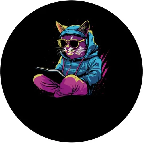 Vista 3 de Cat Books Kitten - Pet Owner Feline Synthwave Cat PopSockets Standard PopGrip