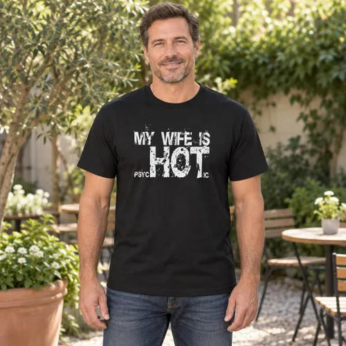 Vista 2 de My Wife is Psychotic Hot - Funny Gag Gift - Camiseta de algodón para hombre Negro