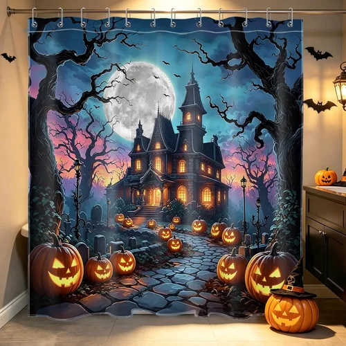 Vista 22 de LB Cortina de ducha espeluznante de Halloween, lindo fantasma en flores, árbol negro, luna llena, cortinas de ducha para baño, tela de poliéster