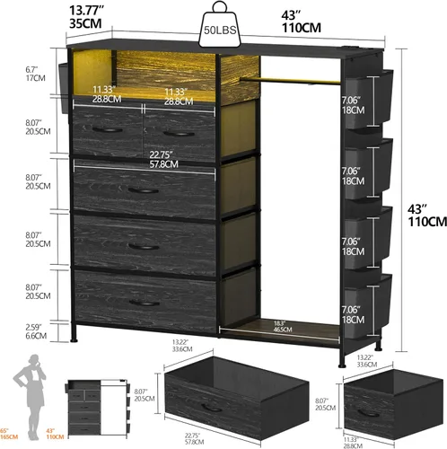 Vista 2 de Espelism Cómoda para dormitorio con perchero, bolsillos laterales, cómoda de 5 cajones con estación de carga, luces LED, cómoda de almacenamiento