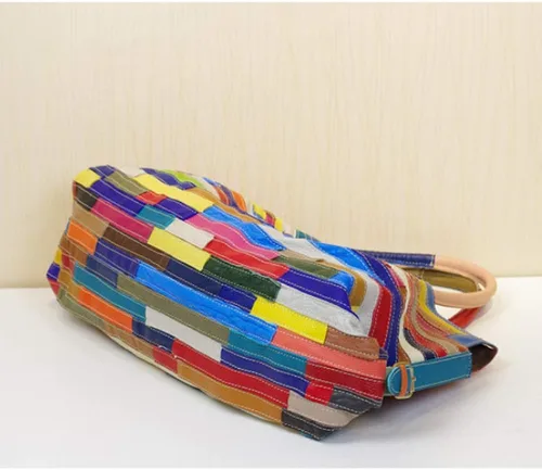 Vista 7 de Bolso Boston multicolor para mujer, de cuero genuino, colorido, grande, bolso de mano