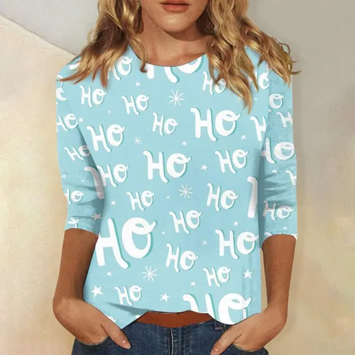 Vista 4 de Camisetas de Navidad para mujer, camisas de manga larga de Navidad para mujer, estampado de copos de nieve, tres cuartos