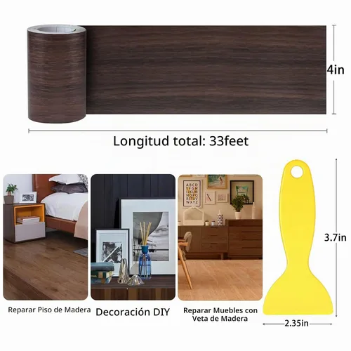 Vista 2 de Cinta de Reparación de Veta de Madera Realista de 4" x 33', Parche de Reparación de Veta de Madera Autoadhesivo para Mesas, Sillas, Puertas Marrón