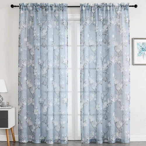 Vista 23 de SMILE WEAVER 2 paneles de cortinas traslúcidas turquesa de 45 pulgadas de largo, para sala de estar, cortinas semitransparentes florales