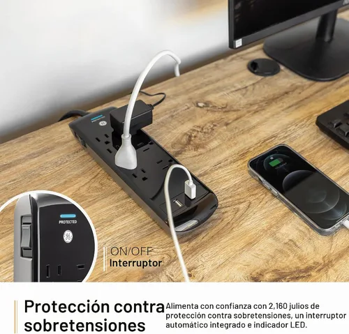 Vista 6 de GE Protector SurGE Pro de 7 tomas, 2 puertos USB, cable de extensión de 3 pies, 1780 julios, 2.1 amperios/10 vatios, 3 adaptadores espaciados
