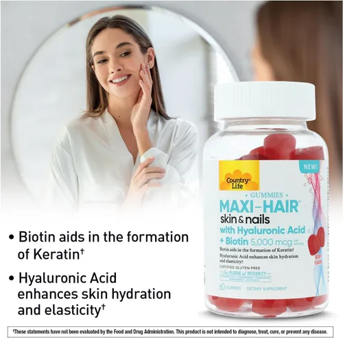 Vista 3 de Country Life Maxi-Hair - Gomitas para piel y uñas con ácido hialurónico y biotina de 5,000 mcg - Apoya el crecimiento del cabello, la hidratación