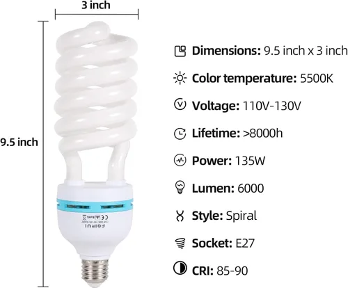 Vista 3 de Bombilla de 135 W 5500 K CFL Bombilla espiral de luz diurna en enchufe E27 para fotografía, fotografía, video, estudio, iluminación, blanco, 1 1