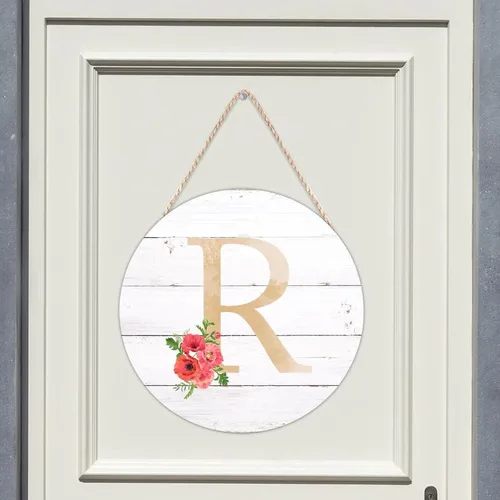 Vista 5 de Letrero de bienvenida con monograma inicial R redondo, letreros de madera con letras del alfabeto, amapola roja, floral, para jardín, 10 pulgadas